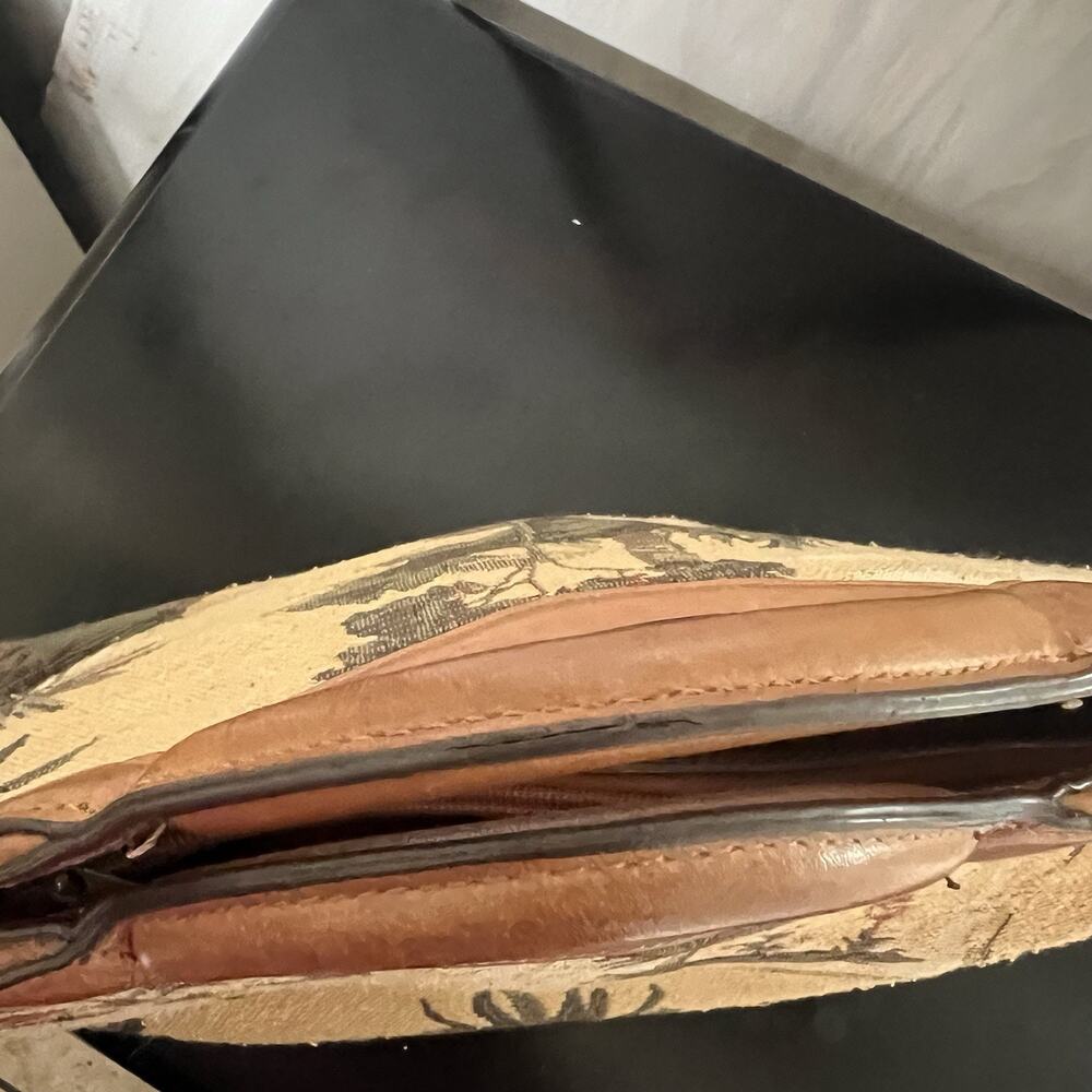Tommy Bahama Vintage Tapestry Clutch Bag Wooden Handles Palm Print Leather Trim - Picture 11 of 14
